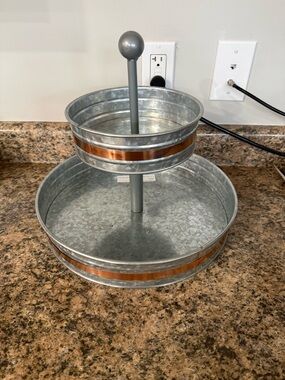 Galvanized Two-Tier Serving Tray with Copper Accent